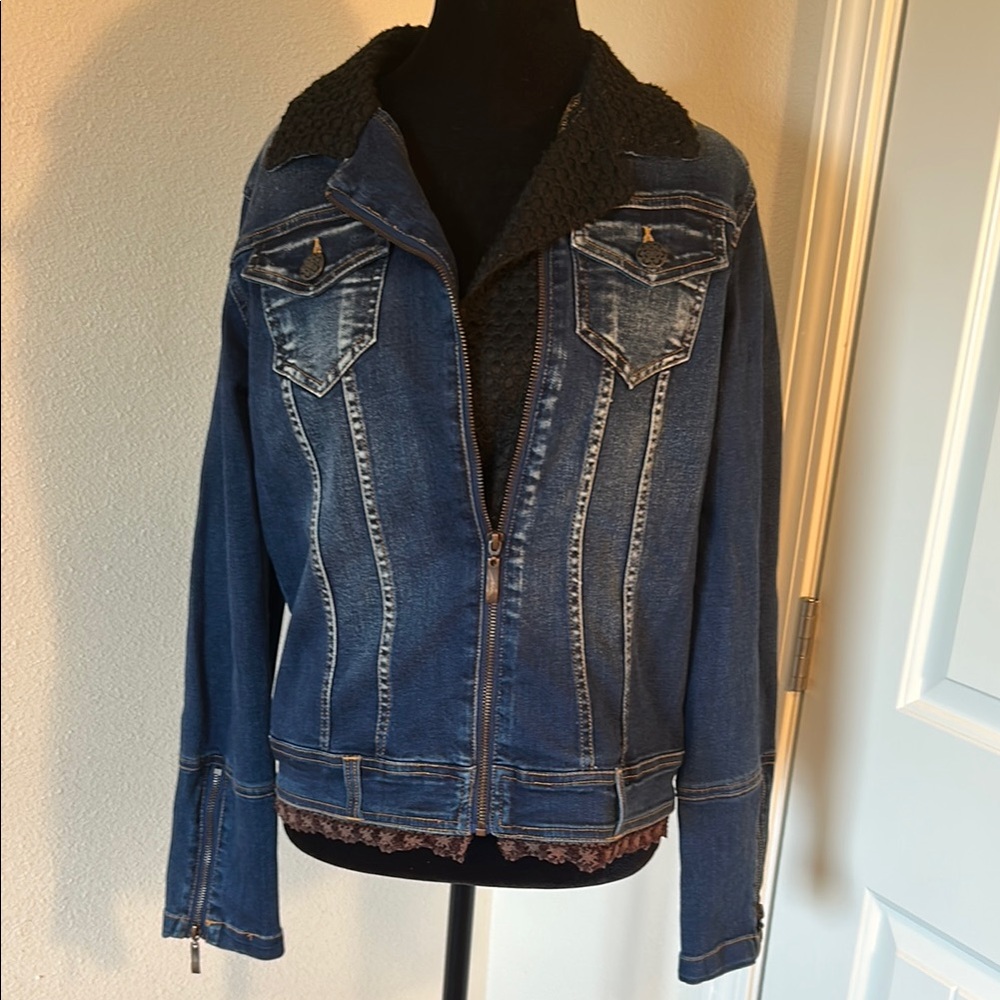 Denim Jacket with Black Crochet Lining